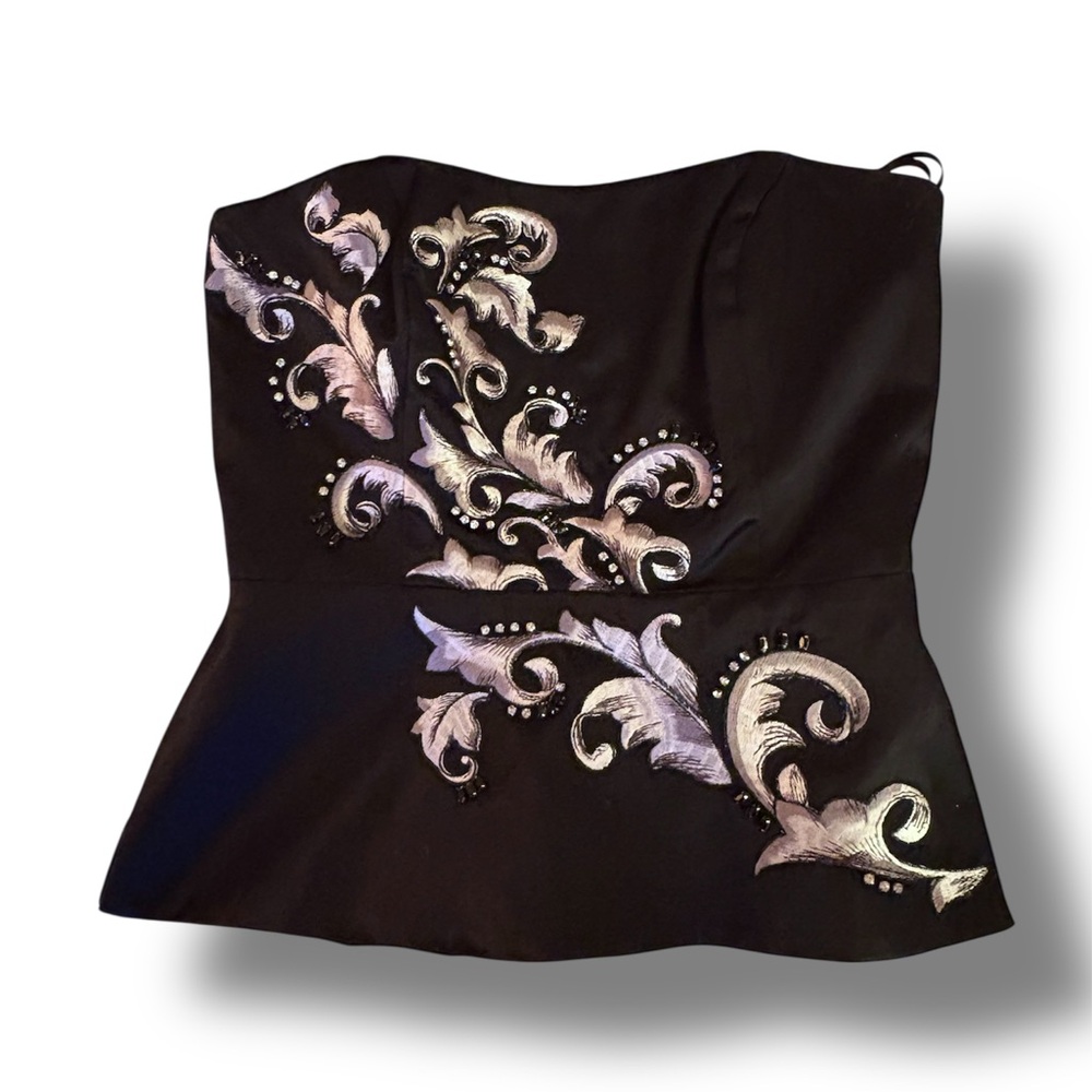 White House Black Market Y2K Black Strapless Corset Top Silver Embroidery Size 2